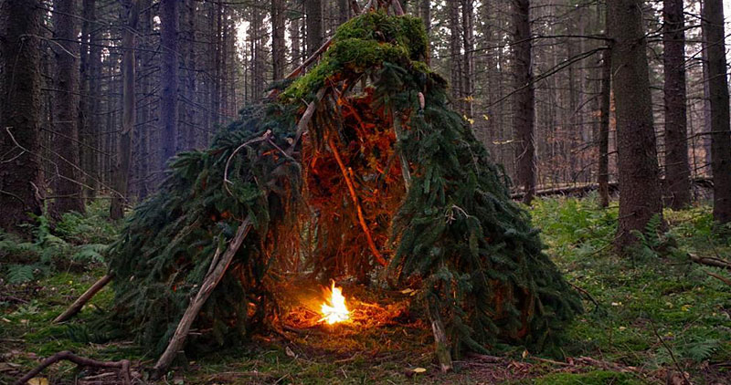 A bushcraft shelter made of tree branches in the woods with a fire inside