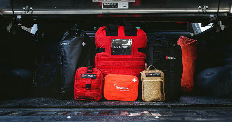My Medic First Aid Kits piled up in a pickup