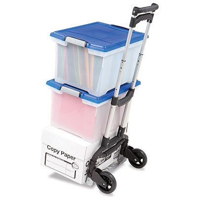 A hand cart holding 3 bins filled with documents