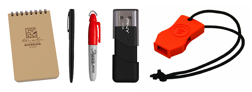 Rite in the Rain Notebook, Fisher Space Pen, Sharpie Mini, USB&nbsp;Flash Drive&nbsp;with Important Documents / ID's, UST JetScream Micro Whistle