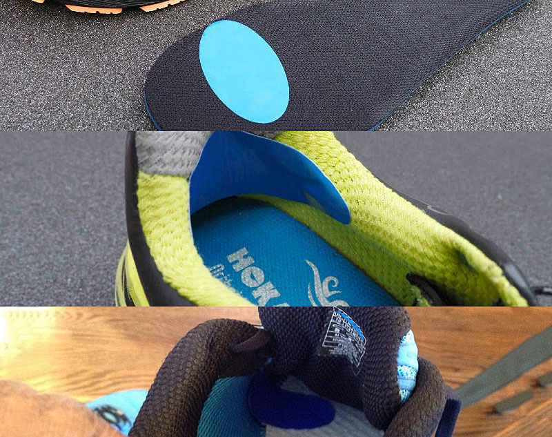 Examples of where to place Engo Oval Blister Prevention Patches inside shoes