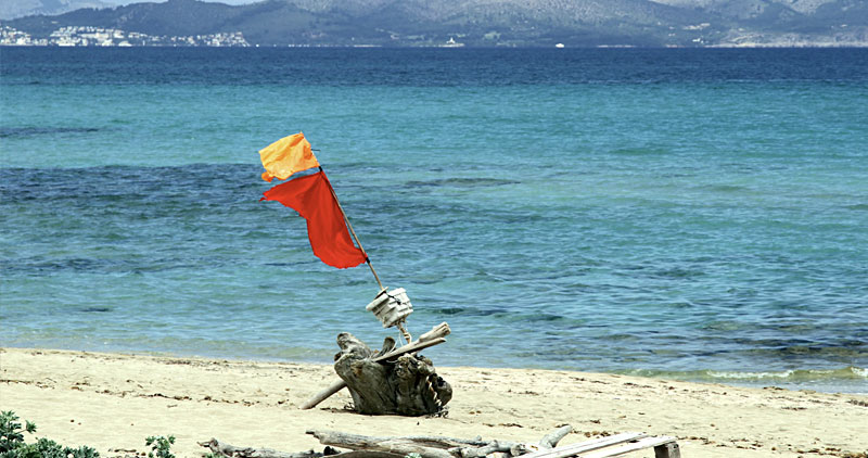 Flags on a beach blowing in the wind