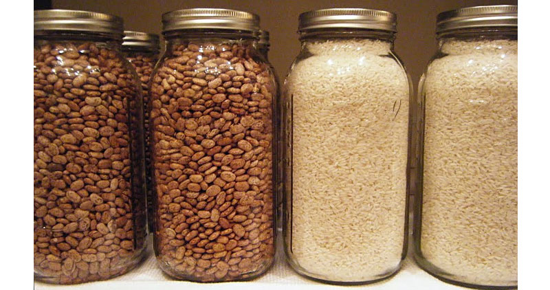 Mason jars filled with beans and rice
