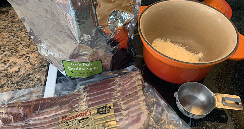 Valley Food Storage soup being made on the stovetop with bacon