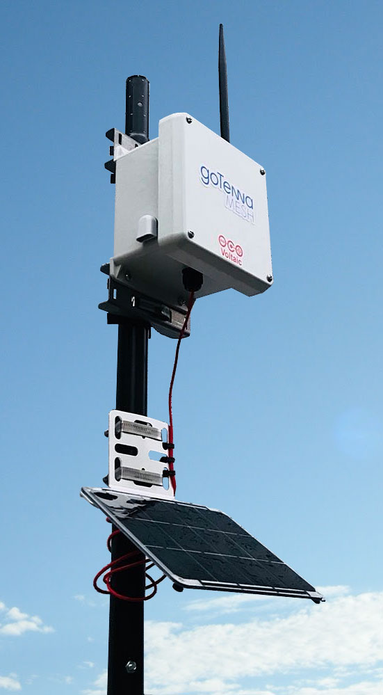 goTenna Mesh base station with solar panel on a pole