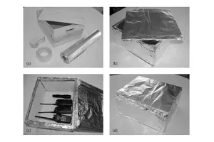 Photos of a home made Faraday cage made from aluminum foil and a box