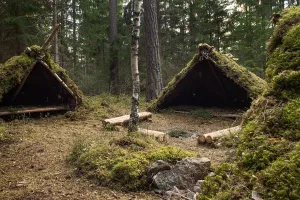 Bushcraft shelters in the woods, with moss covered roofs