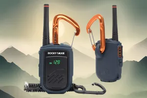 Rockie Talkie Mountain Radios superimposed over an image of the mountains