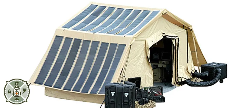 Military tent with solar panels along the roof