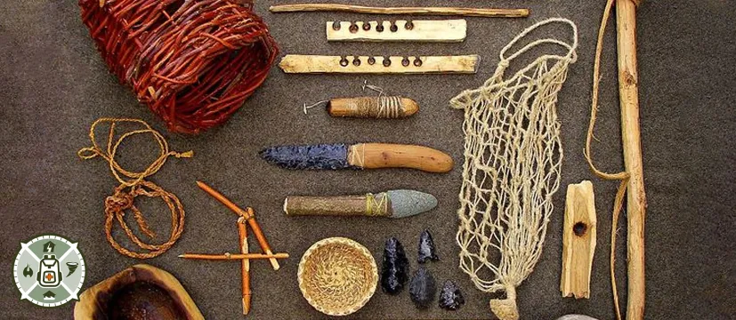 Bushcrafting tools: knives, nets, fire making kit, basket and ropes