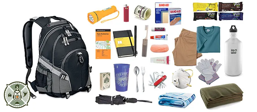 Go Bag Survival Kit with contents: clothing, water bottles, blankets, flashlights, etc