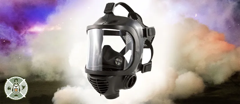 MIRA Safety CM-6M Tactical Gas Mask in a cloud of white and purple smoke