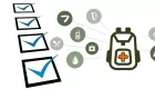 Illustration of a backpack with icons showing survival items included within, next to a checklist image